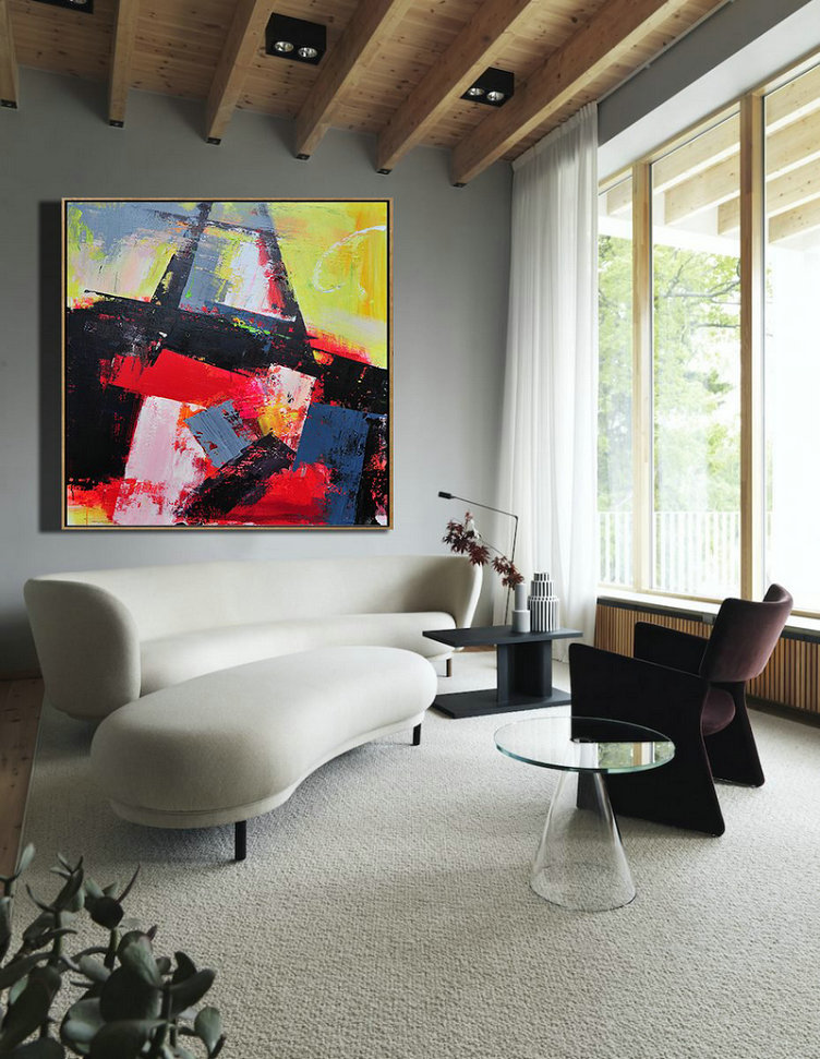 Handmade Extra Large Contemporary Painting,Palette Knife Contemporary Art Canvas Painting,Home Canvas Wall Art,Black,Red,Yellow,Pink.etc